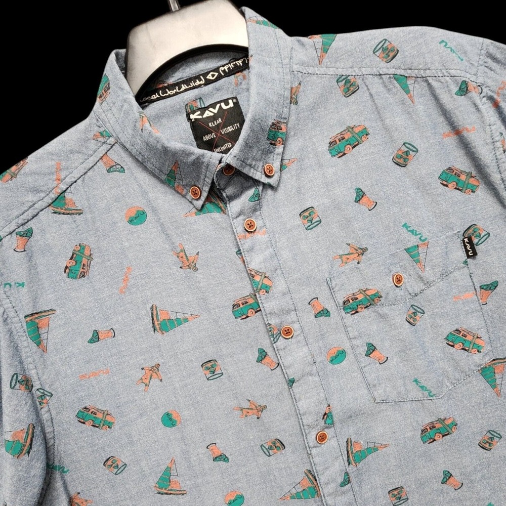 Kavu Shirt Men's XXL (Fits as XL) Blue VW Bus Sailing‎ Camping Skydiving AOP